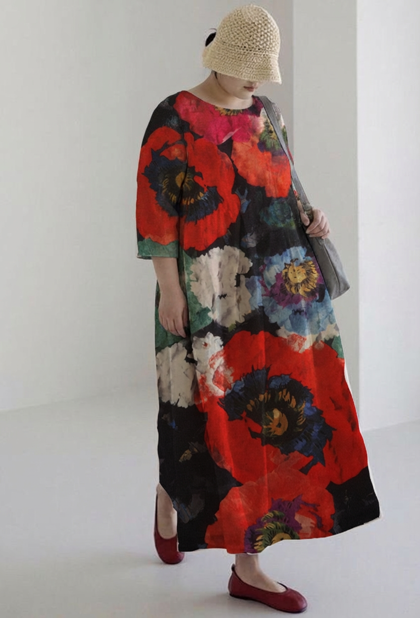 Beatrix | Casual Large Skirt Plant Print Long Sleeve Midi Dress Holiday Dress