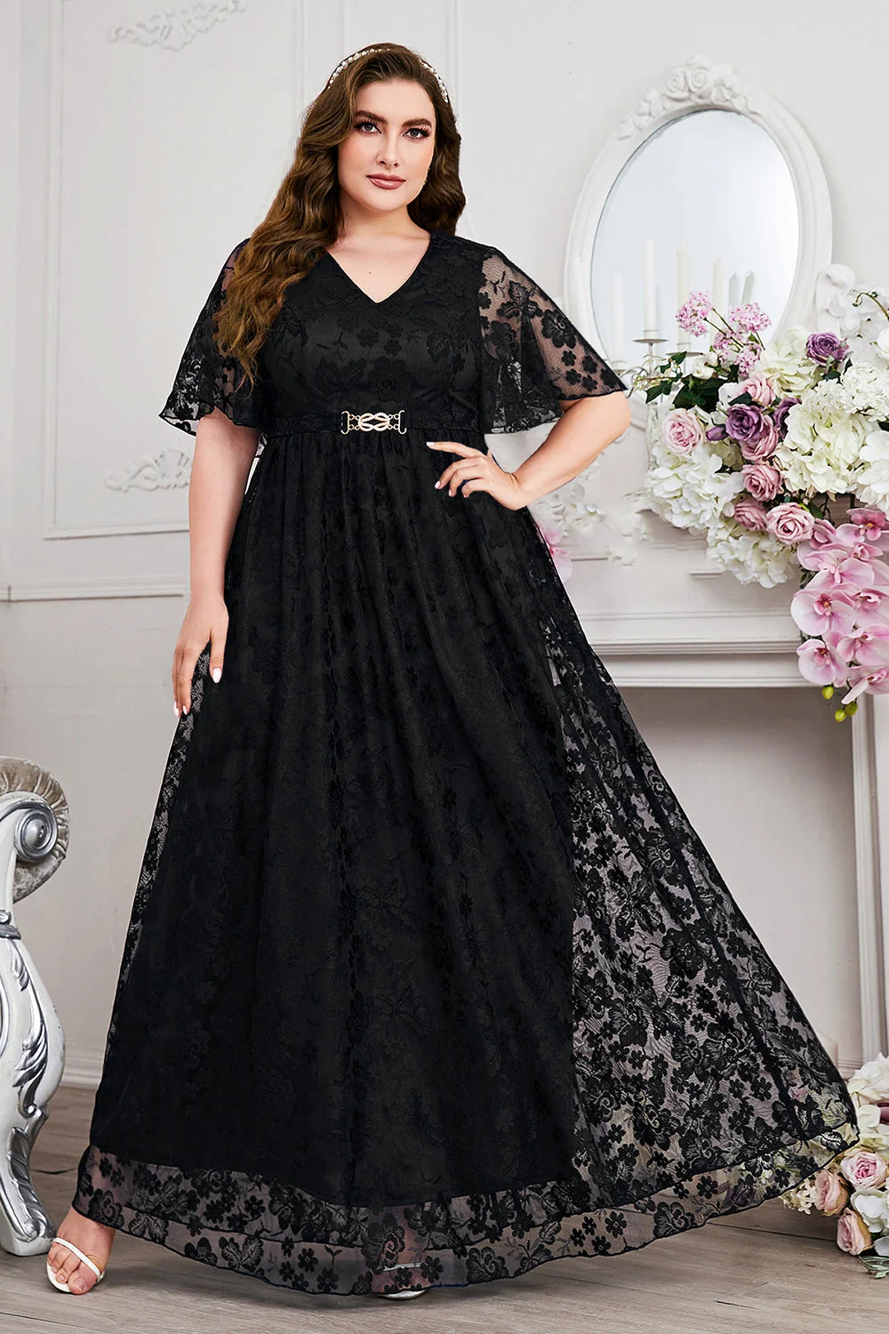 Floral Lace Flutter Sleeve Maxi Dress