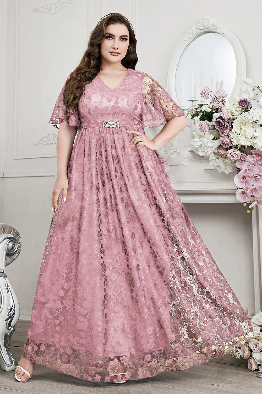 Floral Lace Flutter Sleeve Maxi Dress