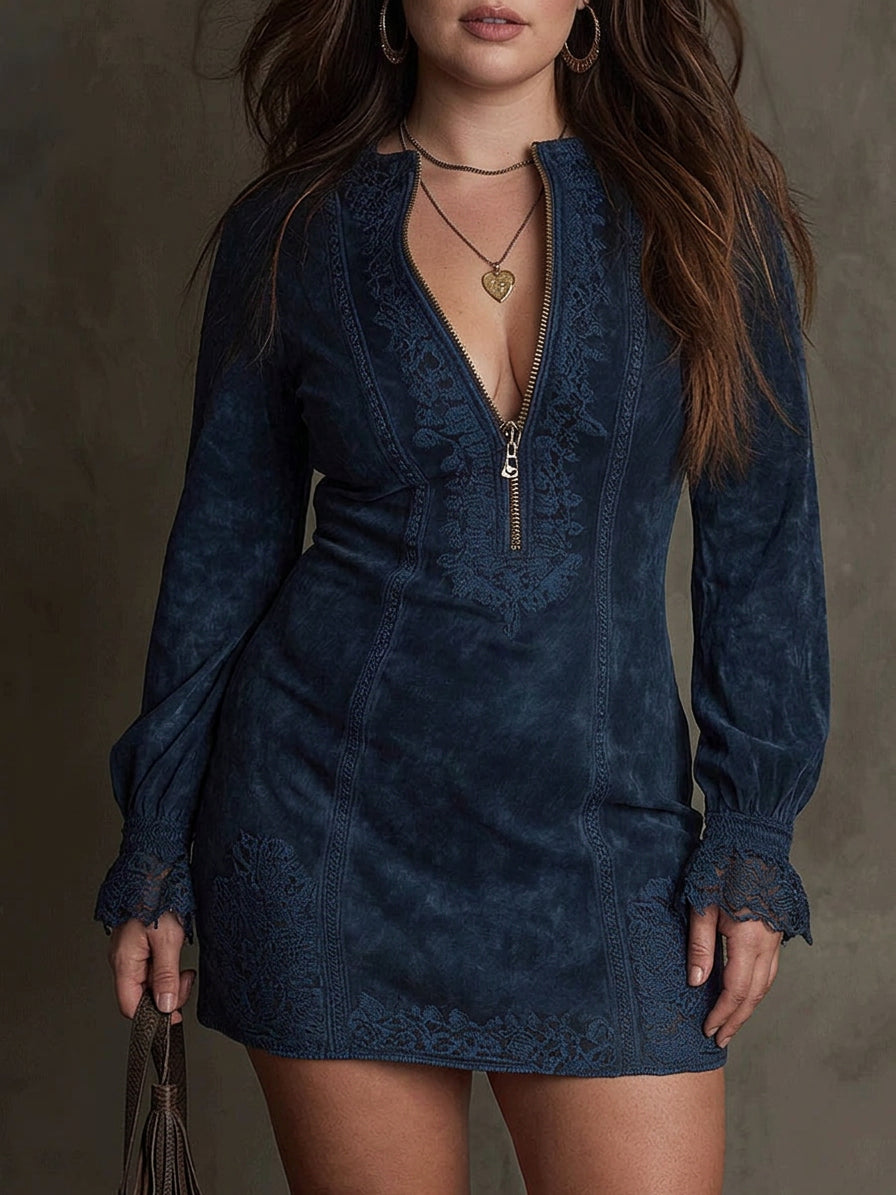 Layla – Blue Suede Mini Dress with Lace