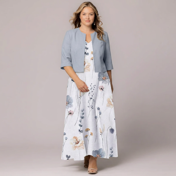 Avisa | Floral Print A-Line Maxi Dress with Cropped Bolero Jacket