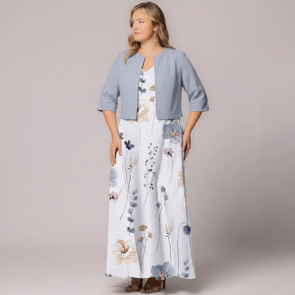 Avisa | Floral Print A-Line Maxi Dress with Cropped Bolero Jacket