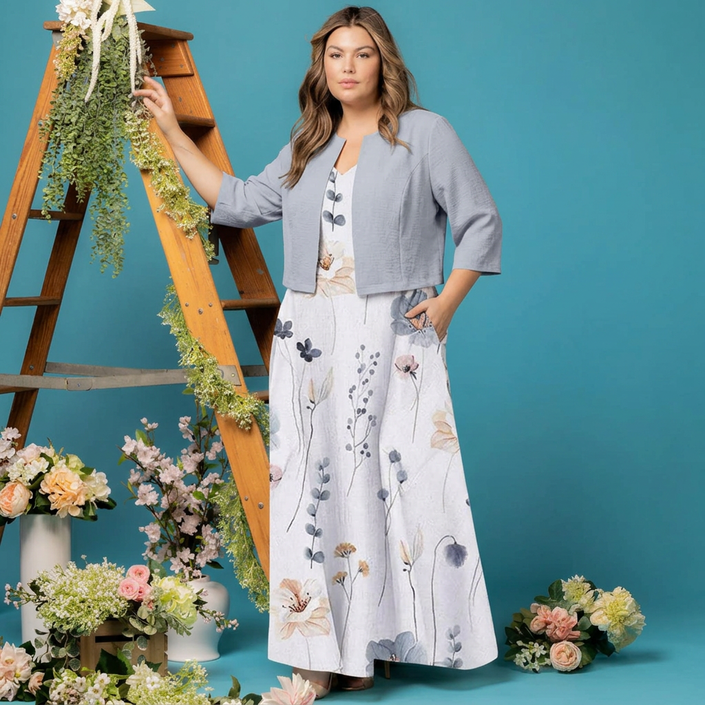 Avisa | Floral Print A-Line Maxi Dress with Cropped Bolero Jacket