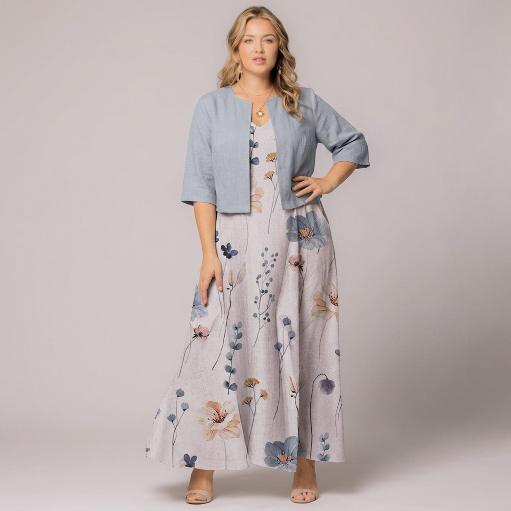 Avisa | Floral Print A-Line Maxi Dress with Cropped Bolero Jacket