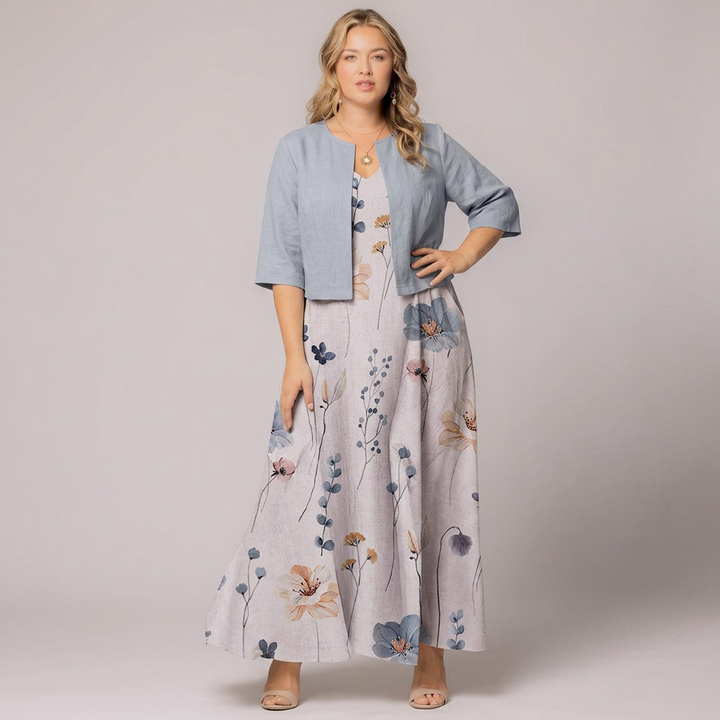 Avisa | Floral Print A-Line Maxi Dress with Cropped Bolero Jacket