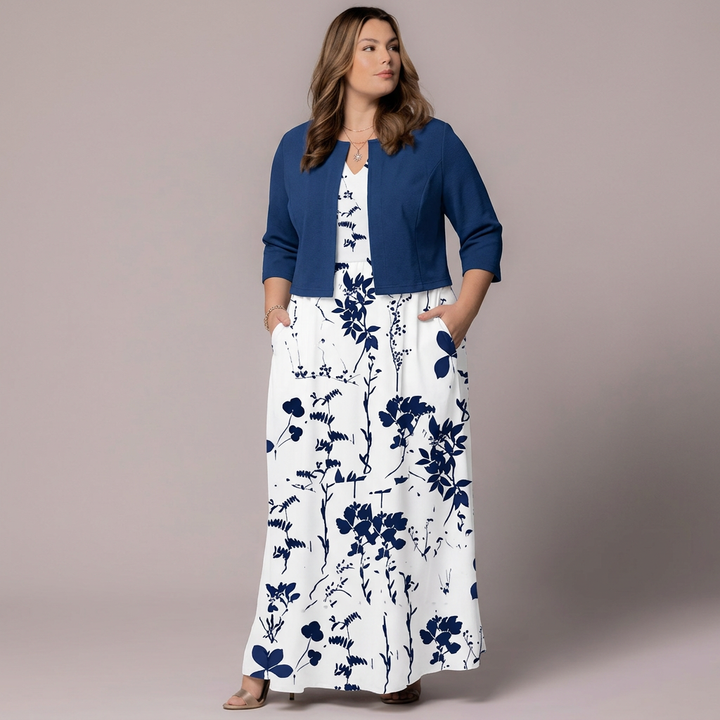 Avisa | Floral Print A-Line Maxi Dress with Cropped Bolero Jacket