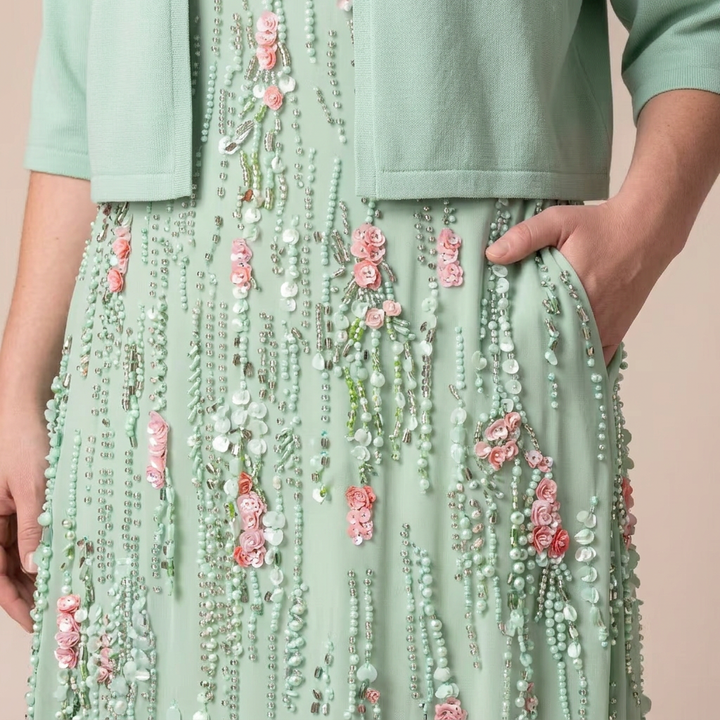 Avisa | Floral Print A-Line Maxi Dress with Cropped Bolero Jacket