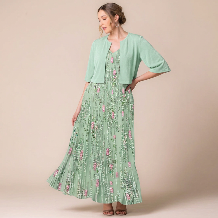 Avisa | Floral Print A-Line Maxi Dress with Cropped Bolero Jacket