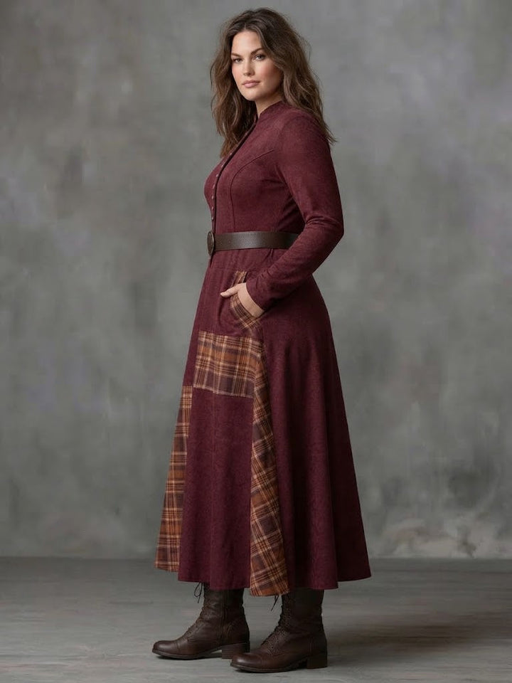 Cleo | Plaid Patchwork Button-Front Maxi Dress with Belt