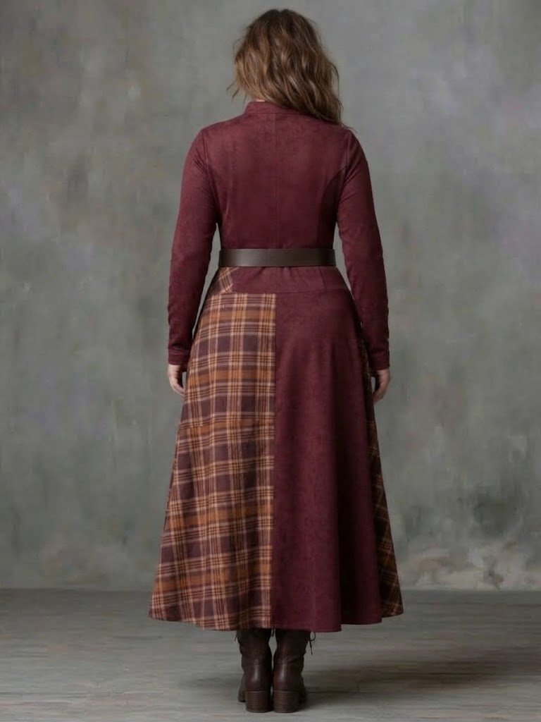 Cleo | Plaid Patchwork Button-Front Maxi Dress with Belt