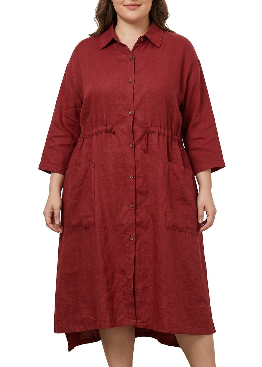 Isolde - Red Linen Shirt Dress Casual Oversize Spring Maxi Dresses