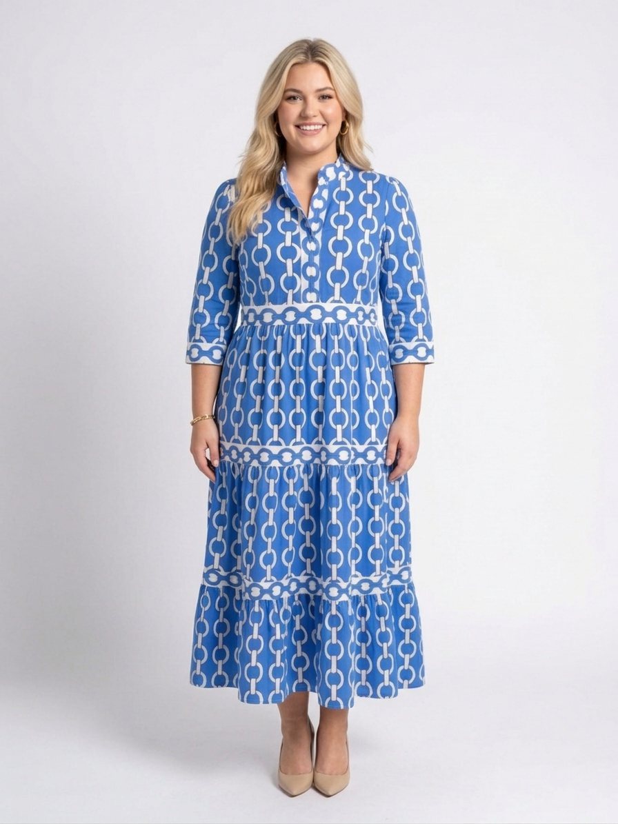Tamsin | Three Quarter Sleeve Chain Pattern Midi Dress