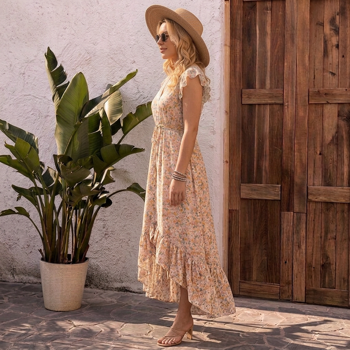 Elara - Floral Ruffle V-Neck Maxi Dress