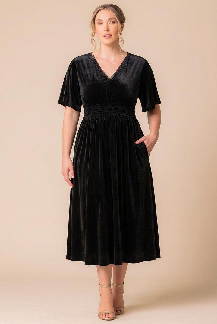 Elegant Velvet V-Neck Midi Cocktail Dress