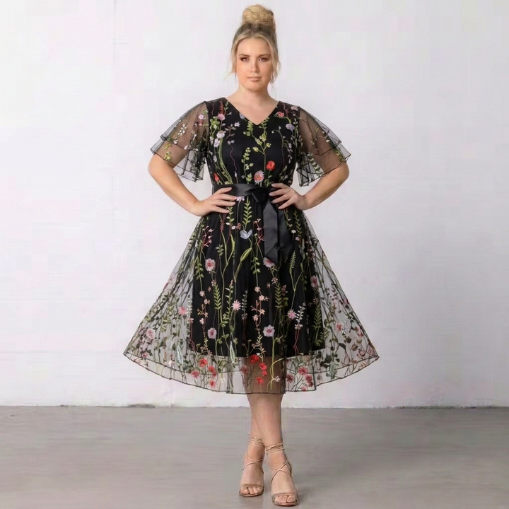 Floral Embroidered Mesh Midi Dress with V-Neck, Flutter Sleeves and Satin Waist Tie