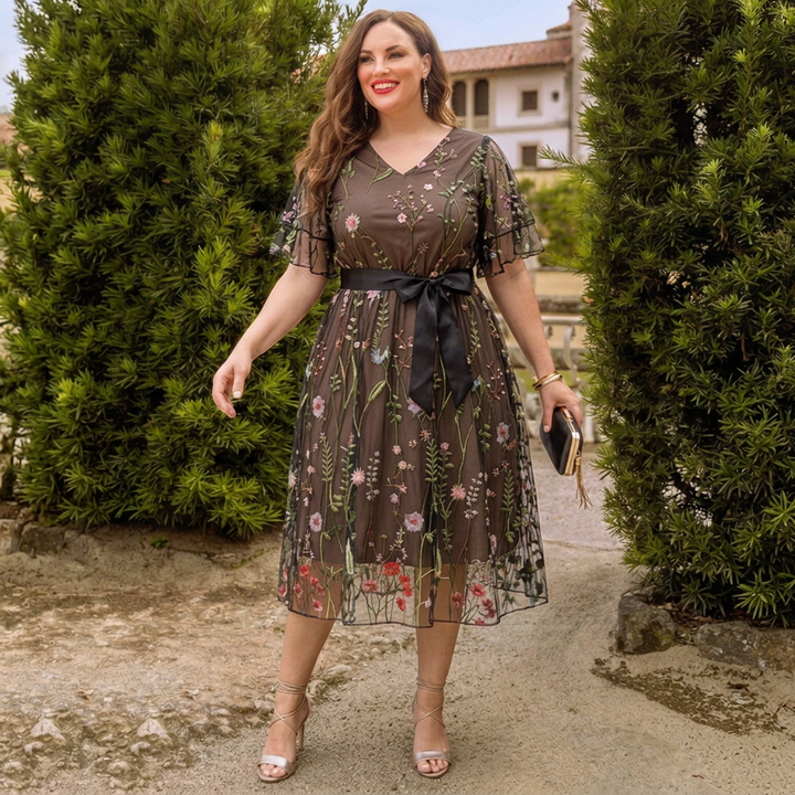 Floral Embroidered Mesh Midi Dress with V-Neck, Flutter Sleeves and Satin Waist Tie