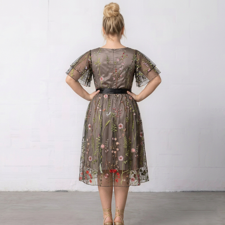Floral Embroidered Mesh Midi Dress with V-Neck, Flutter Sleeves and Satin Waist Tie