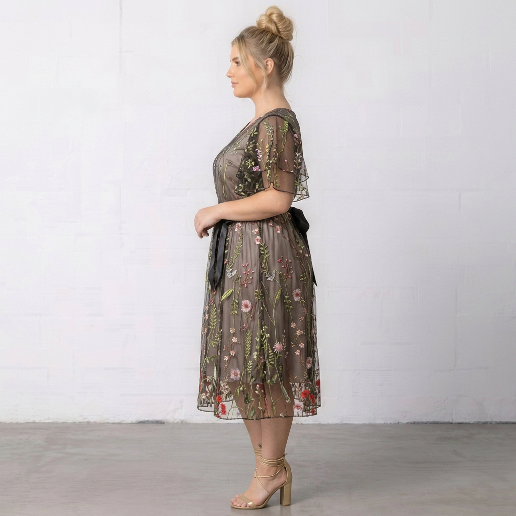 Floral Embroidered Mesh Midi Dress with V-Neck, Flutter Sleeves and Satin Waist Tie