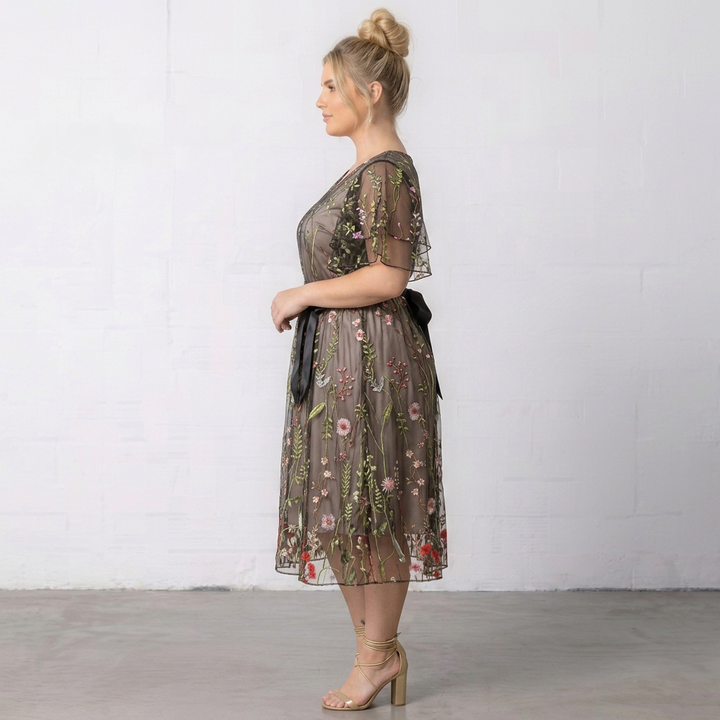 Floral Embroidered Mesh Midi Dress with V-Neck, Flutter Sleeves and Satin Waist Tie