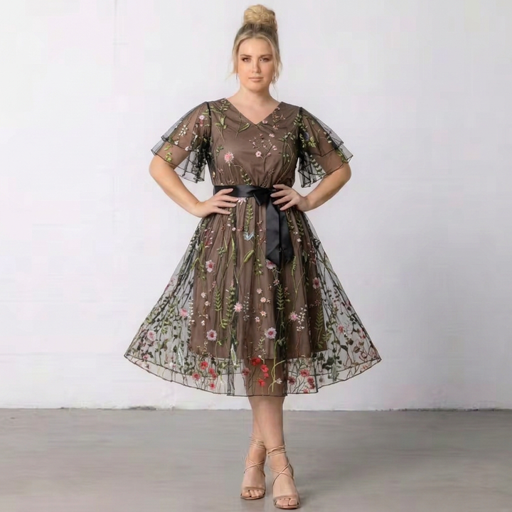 Floral Embroidered Mesh Midi Dress with V-Neck, Flutter Sleeves and Satin Waist Tie