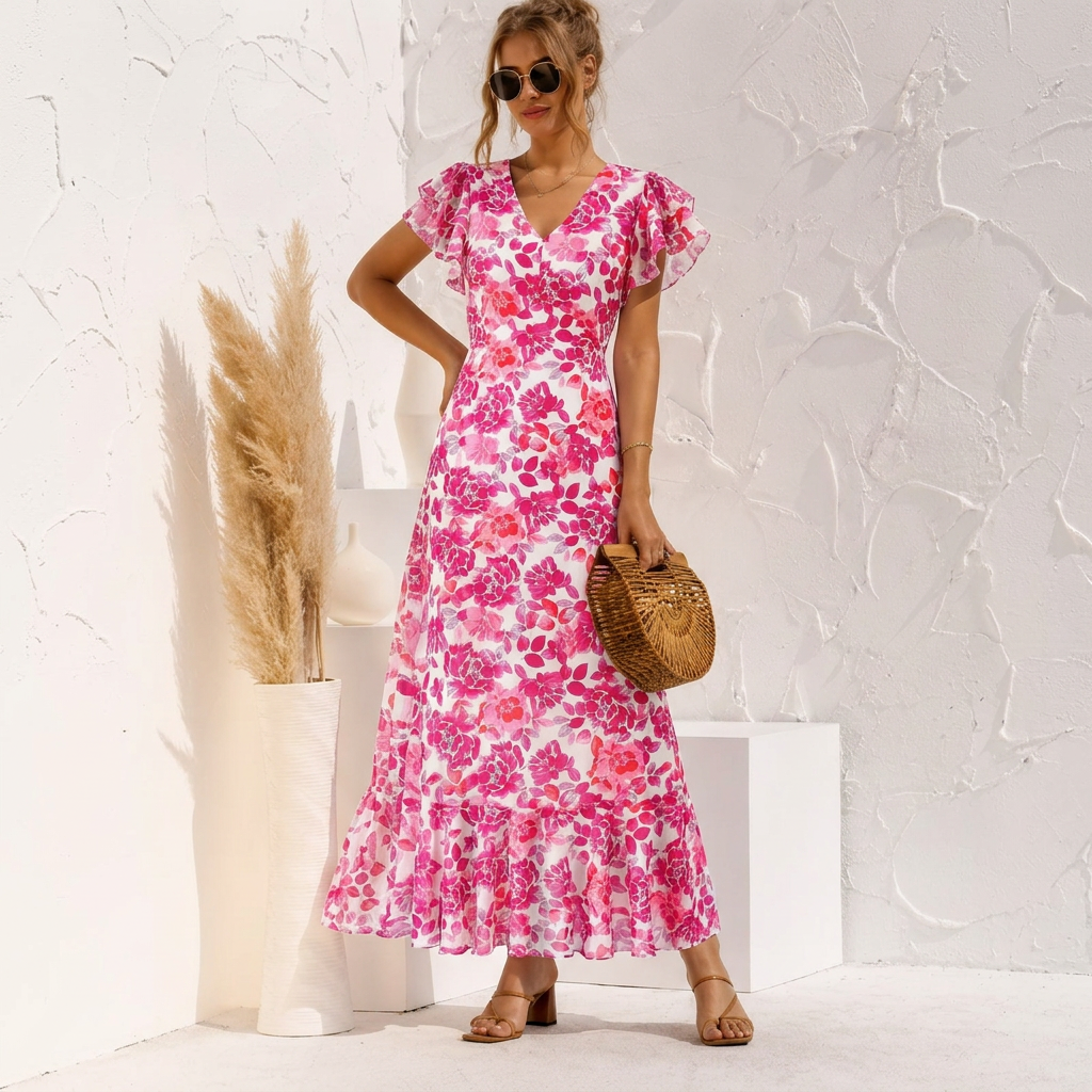 Floriane | Women’s Floral V-Neck Ruffle-Sleeve Maxi Dress