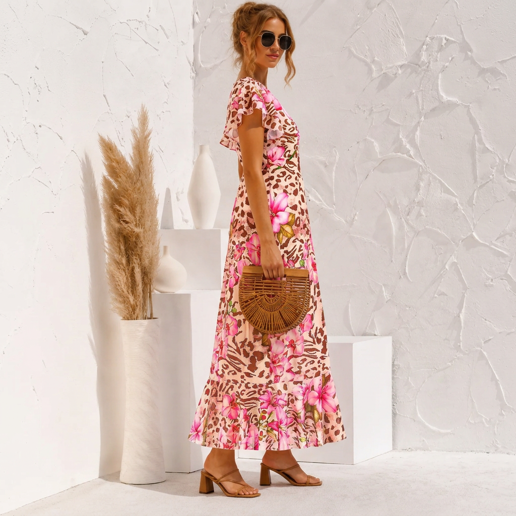 Floriane | Women’s Floral V-Neck Ruffle-Sleeve Maxi Dress