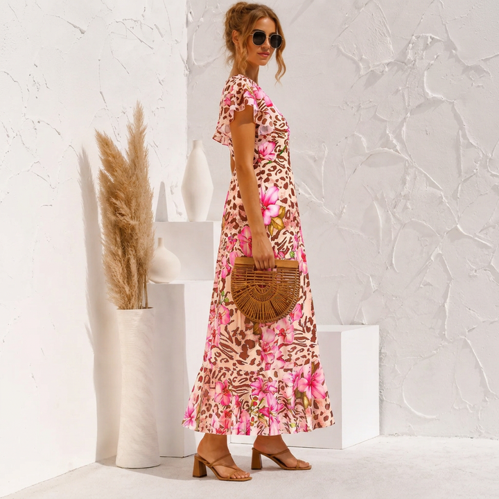 Floriane | Women’s Floral V-Neck Ruffle-Sleeve Maxi Dress