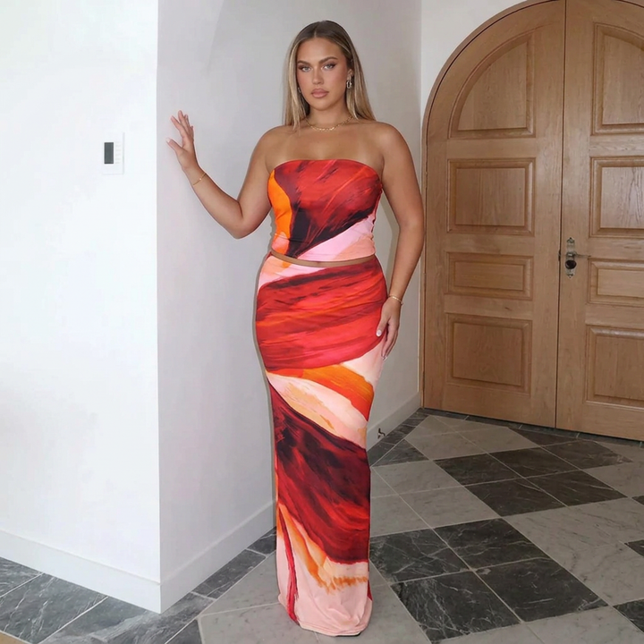Imogen | Strapless Abstract Print Crop Top and Maxi Skirt Set