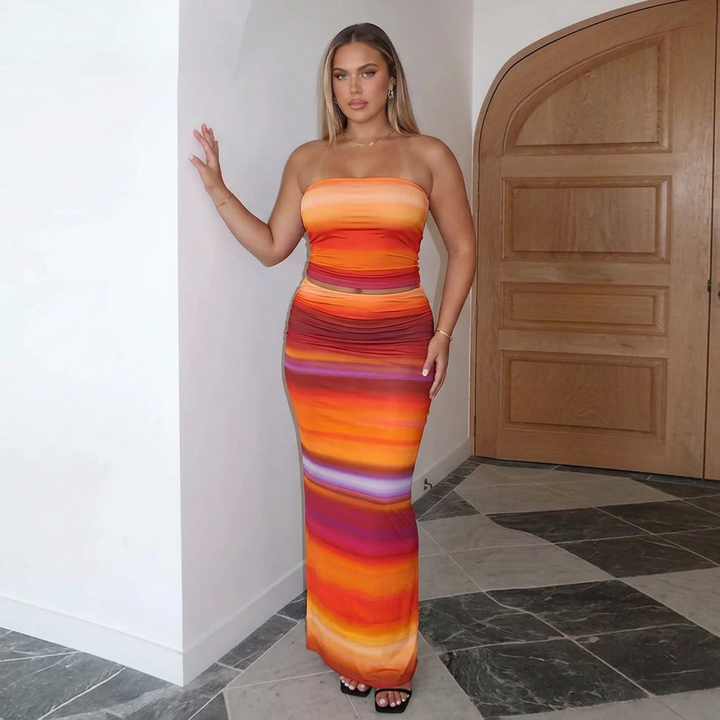 Imogen | Strapless Abstract Print Crop Top and Maxi Skirt Set