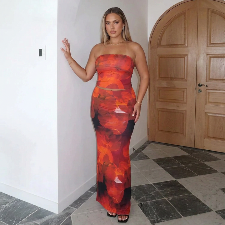 Imogen | Strapless Abstract Print Crop Top and Maxi Skirt Set