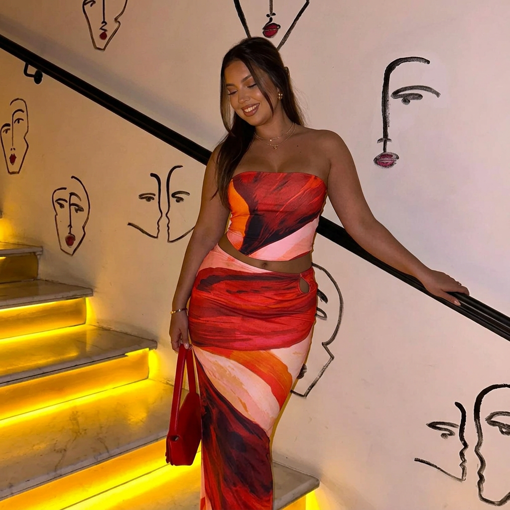 Imogen | Strapless Abstract Print Crop Top and Maxi Skirt Set