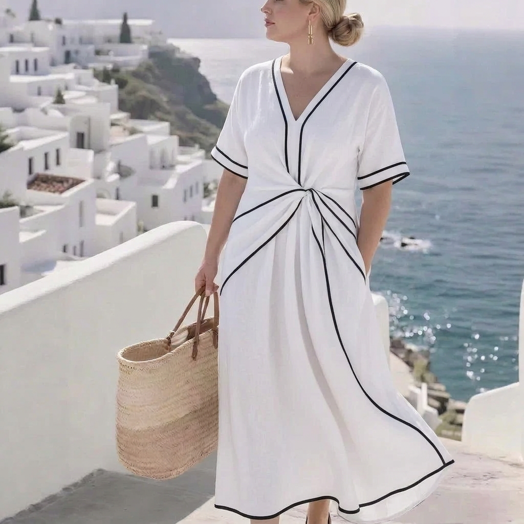 Oleander | Contrast Trim Twist-Front V-Neck Maxi Dress