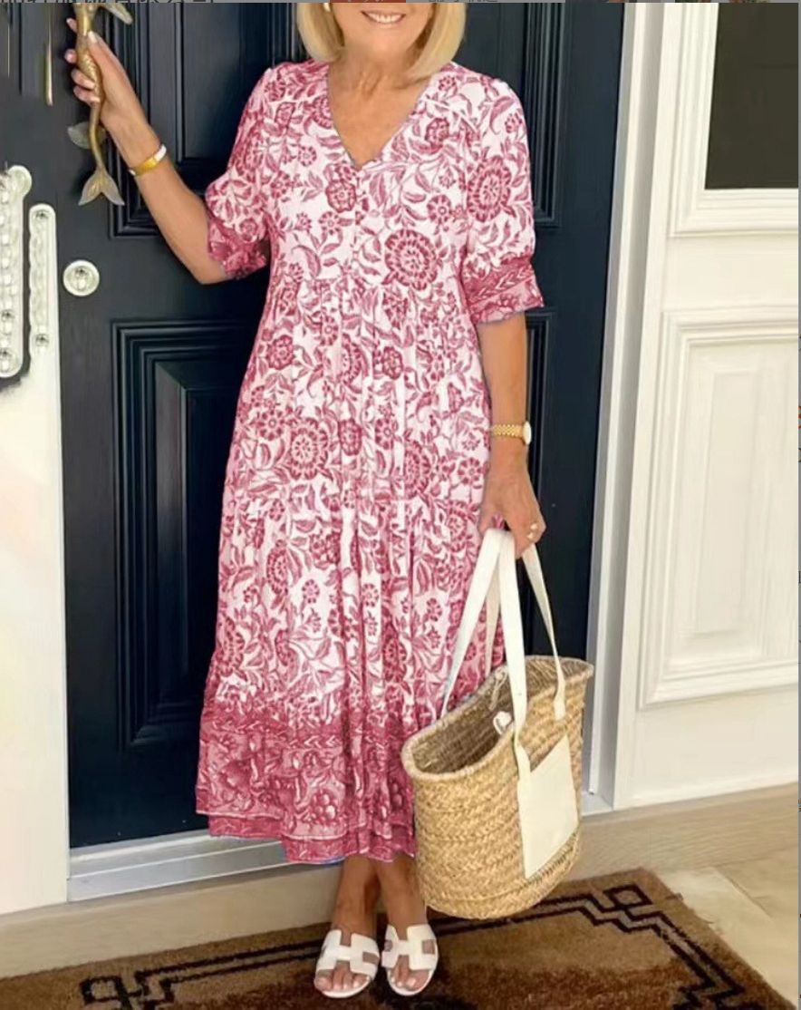 CATHY - Elegant Floral Dress with V-Neck