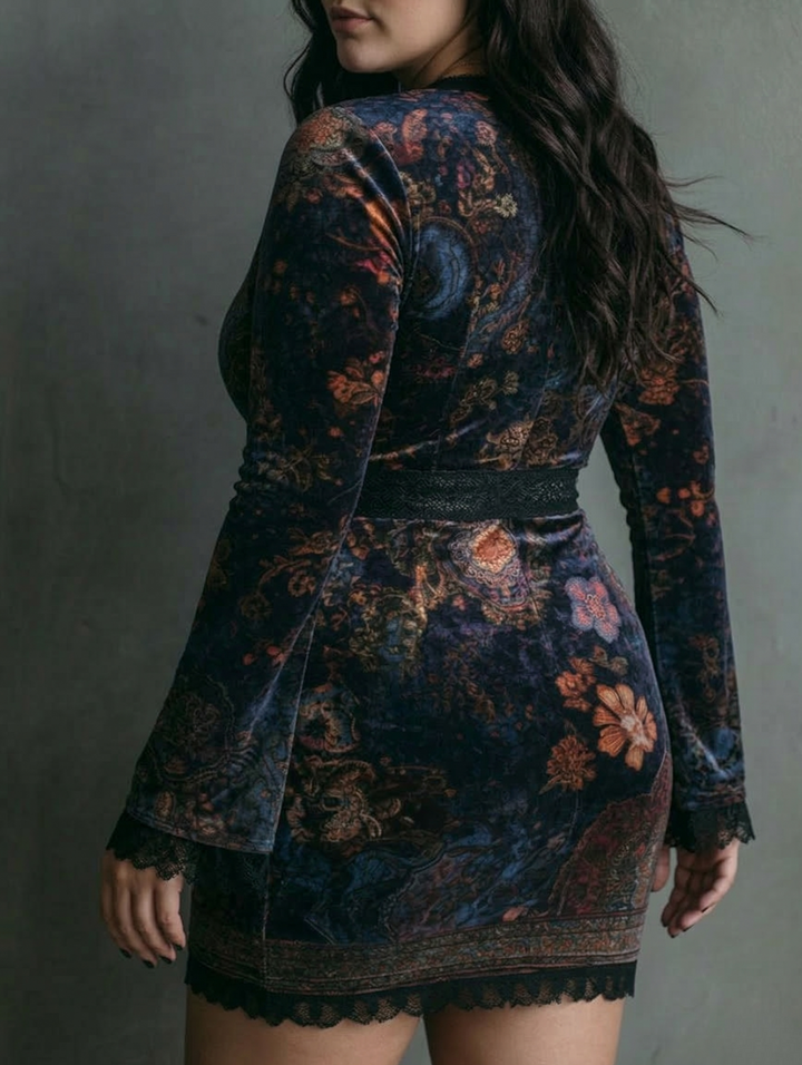 Floral Print V-Neck Velvet Lace Trim Slim-Fit Mini Dress